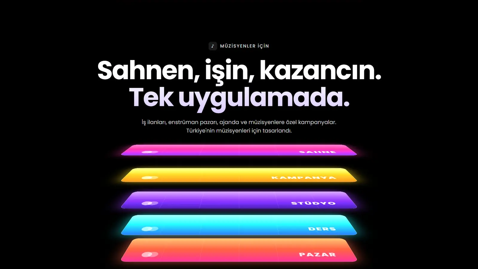 Sahnen, işin, kazancın. Tek uygulamada: iş ilanları, enstrüman pazarı, ajanda ve müzisyenlere özel kampanyalar.