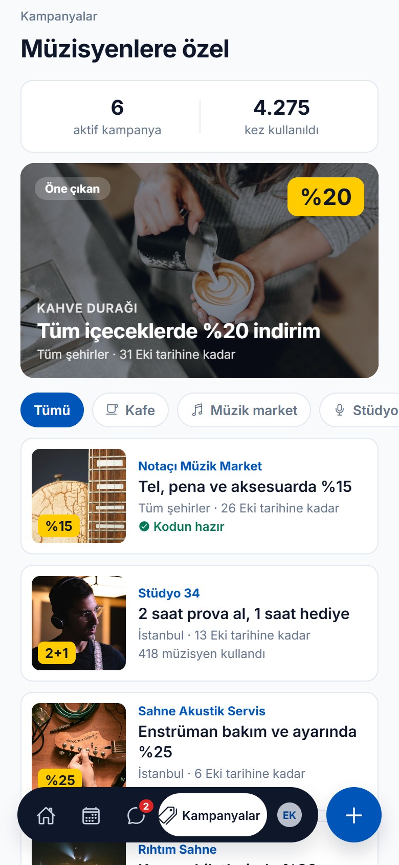 Kampanyalar ekranı: kafede %20, müzik markette %15 ve prova stüdyosunda 2+1 fırsatları.