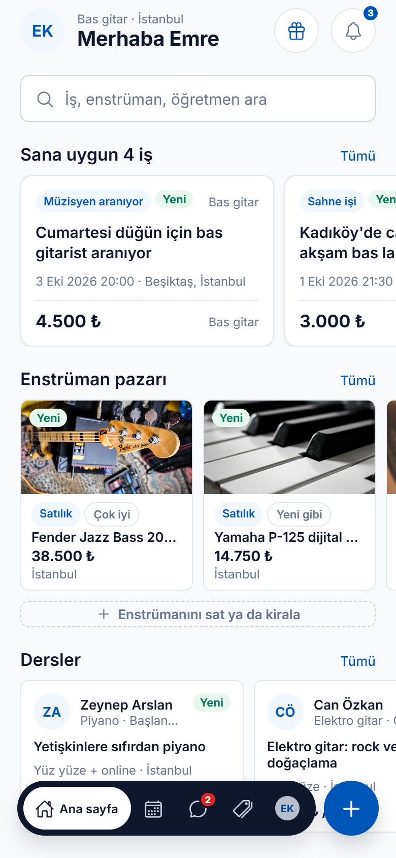 Uygulamanın ana sayfası: sana uygun iş ilanları, enstrüman pazarı ve dersler.